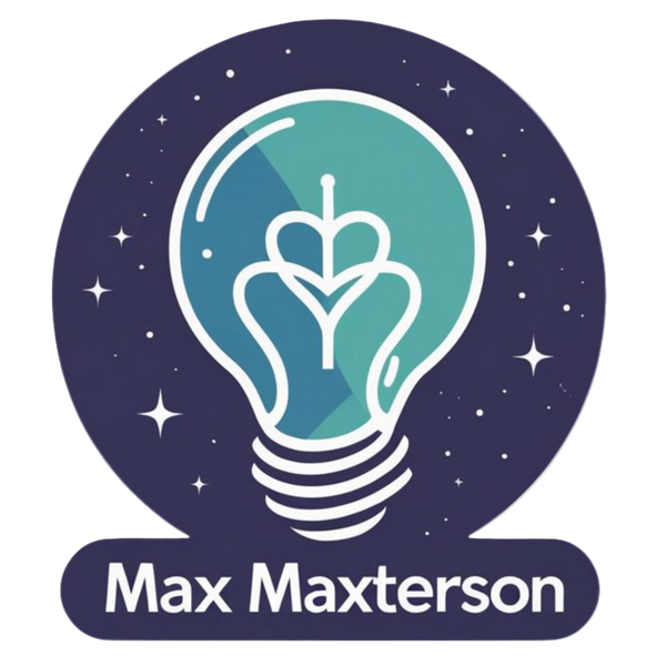 Logo of Max Maxterson with a light bulb containing a hand design on a dark blue background.